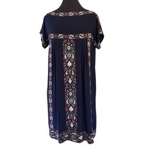 Max Studio Boho Shift Dress Size M Navy Blue Bohemian Floral Detail Boat Neck